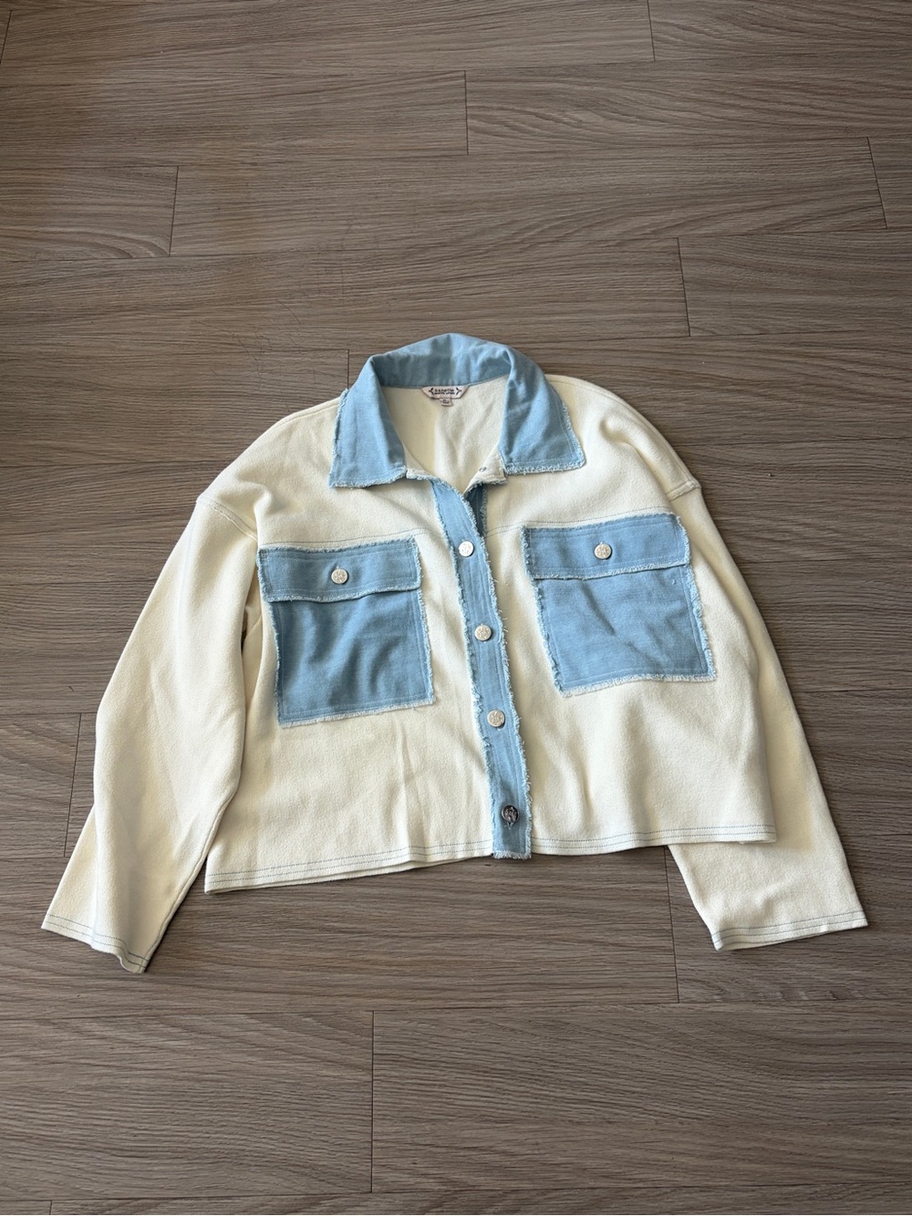 Nanette Lepore Cream Jacket with Light Blue Trim and Patch Pockets